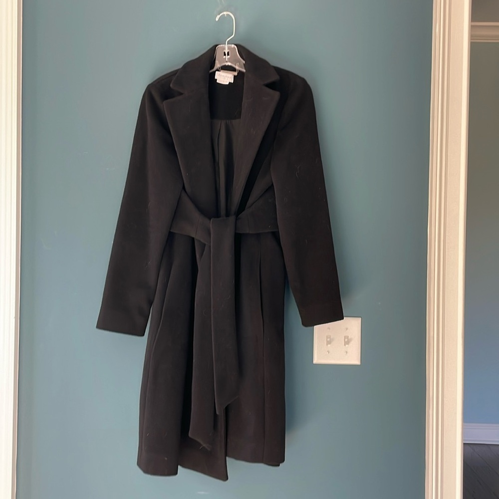 Seraphine maternity black wool cashmere blend wrap tie coat size US 4